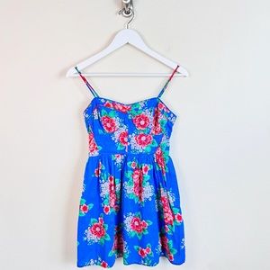 Blue & Red Floral Bustier Corset Skater Mini Tie Back Keyhole Sun Dress